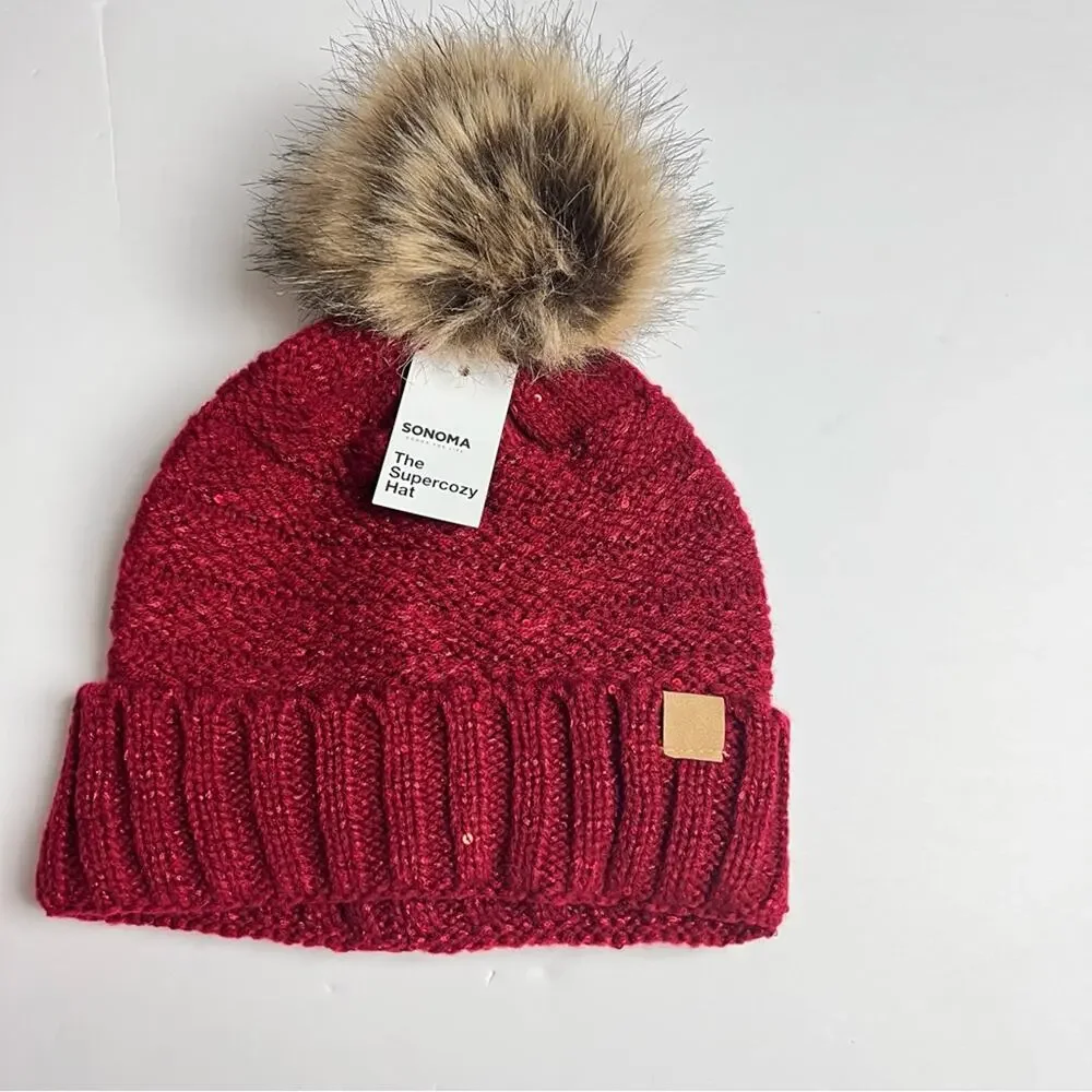 Sonoma Women's Red Supercozy Winter Beanie Pompom Hat